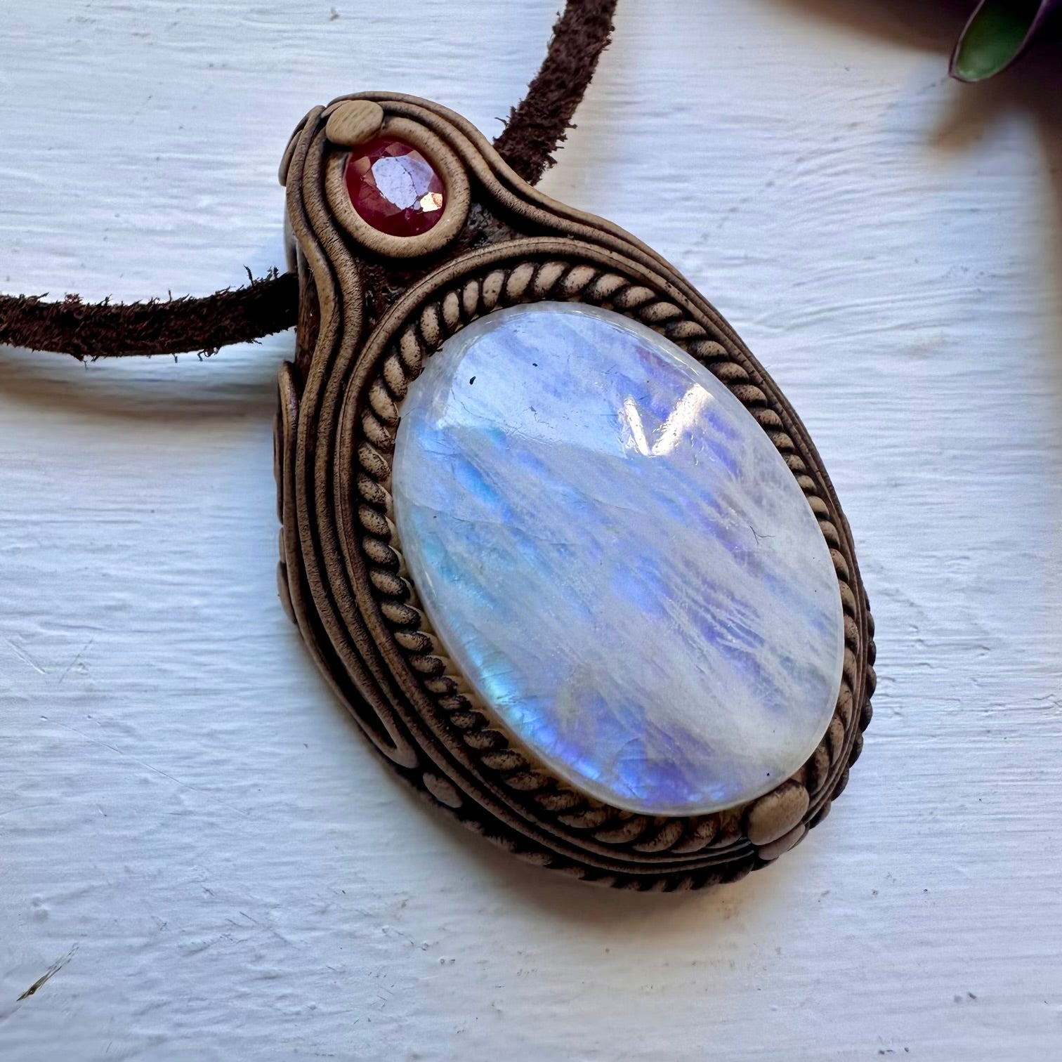 Rainbow Moonstone and Ruby Necklace - FairyGardenGlow