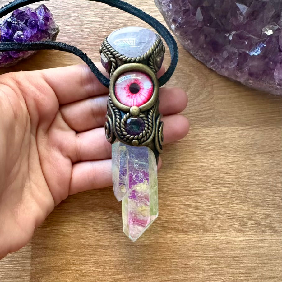 Angel Aura Quartz Rose Quartz Ruby and Mystic Topaz Eye Healing Crystal Talisman - FairyGardenGlow