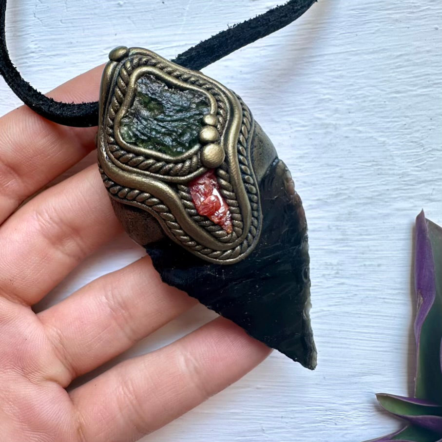 Black Obsidian Arrowhead Moldavite and Vanadinite Pendant Necklace, Healing Crystal Jewelry - FairyGardenGlow