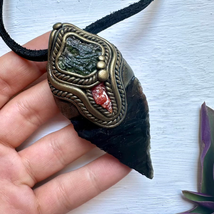 Black Obsidian Arrowhead Moldavite and Vanadinite Pendant Necklace, Healing Crystal Jewelry - FairyGardenGlow