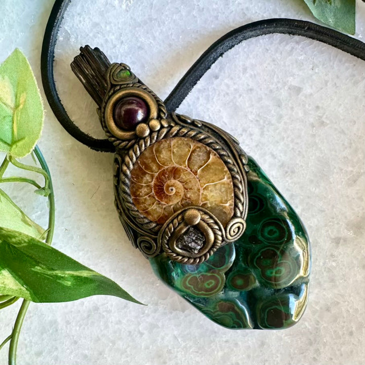 Malachite Ammonite Moldavite Black Tourmaline Ruby and Opal Wand / Healing Crystal Talisman - FairyGardenGlow