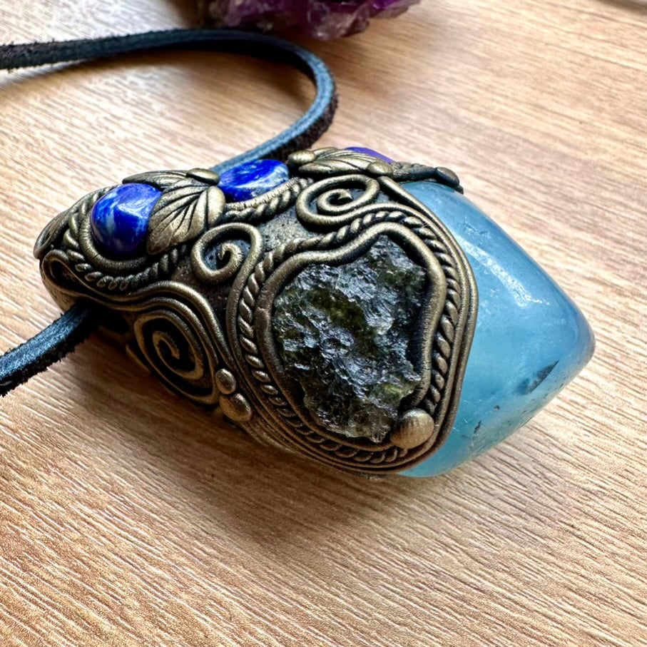 Aquamarine including Black Tourmaline Moldavite and Lapis Lazuli Crystal Pendant Necklace / Healing Crystal Talisman - FairyGardenGlow