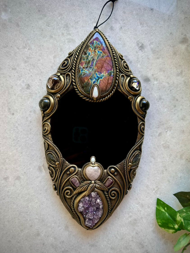 Crystal Wall Hanging - Handmade Unique Crystal Home Decor Art, with Black Obsidian Mirror, Large Purple Labradorite, Rainbow Obsidian, Smoky Quartz, Amethyst Cluster, Rose Quartz Heart, Moldavite, Ruby and Australian Opal - FairyGardenGlow