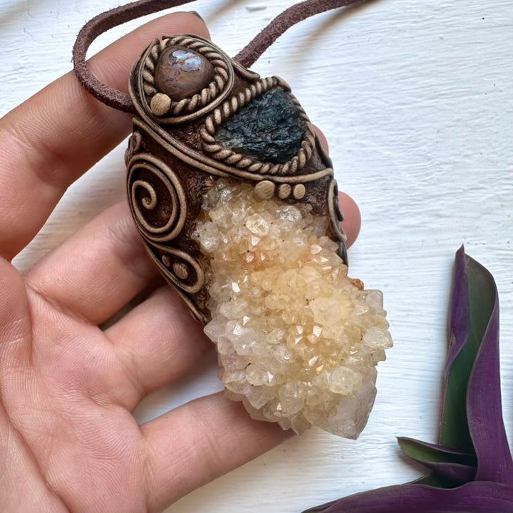 Spirit Quartz Moldavite and Boulder Opal Wand / Pendant - FairyGardenGlow