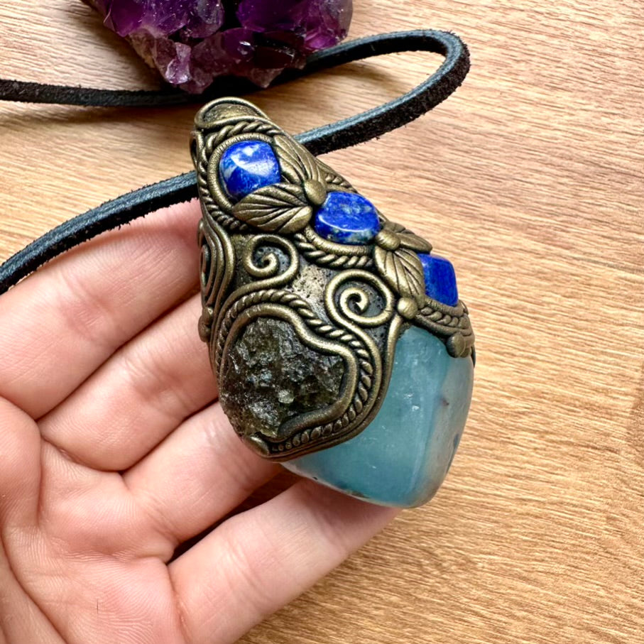 Aquamarine including Black Tourmaline Moldavite and Lapis Lazuli Crystal Pendant Necklace / Healing Crystal Talisman - FairyGardenGlow