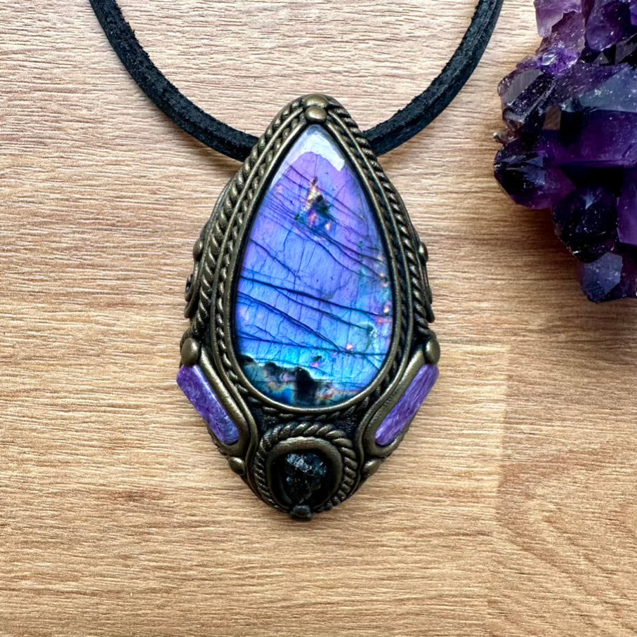 Purple Labradorite Moldavite and Charoite Necklace, One of a kind Handmade Jewlery - FairyGardenGlow