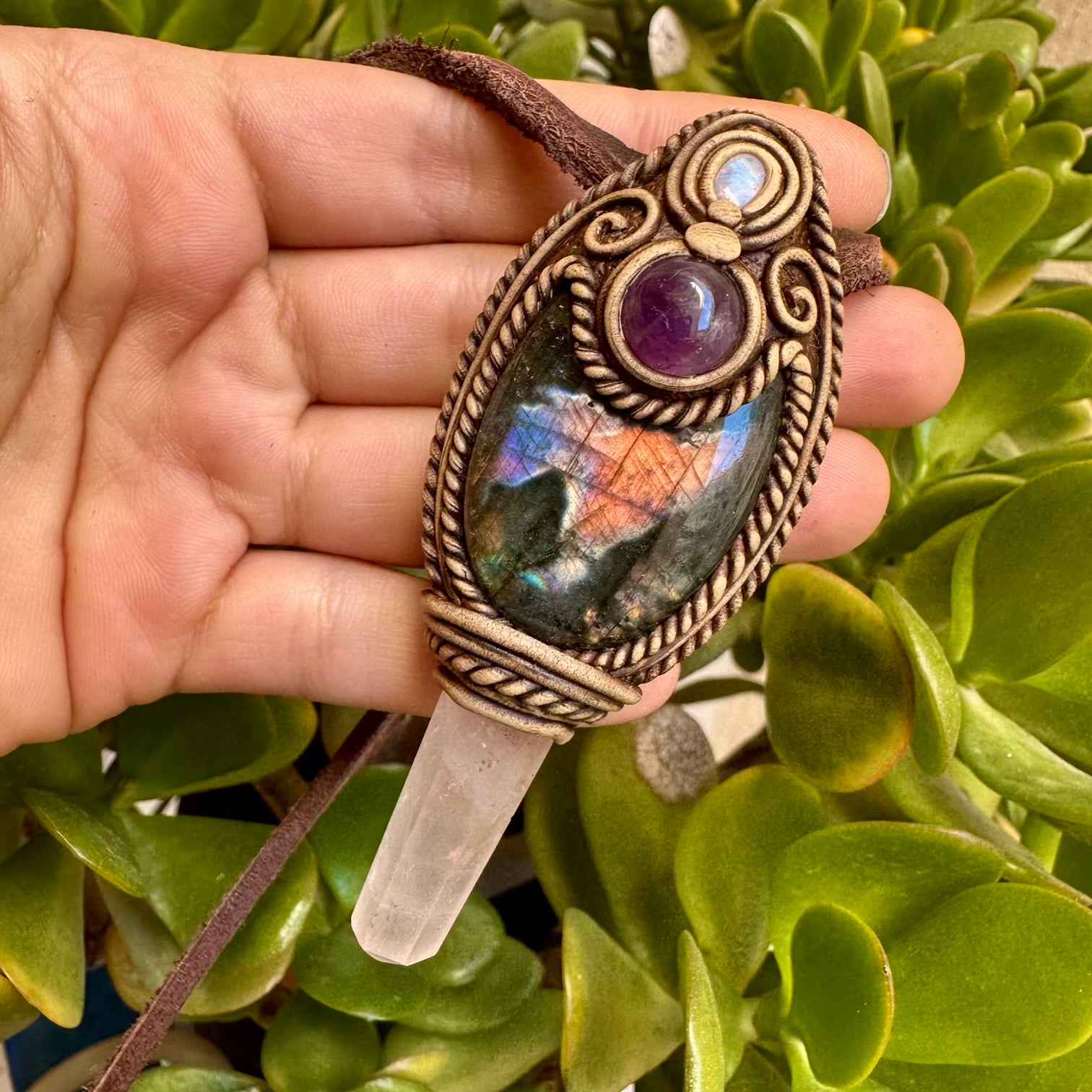 Labradorite Amethyst Rose Quartz and Australian Opal Doublet Wand/Pendant, Handmade Healing Crystal Wand - FairyGardenGlow