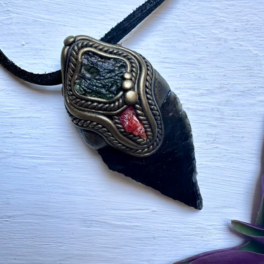 Black Obsidian Arrowhead Moldavite and Vanadinite Pendant Necklace, Healing Crystal Jewelry - FairyGardenGlow