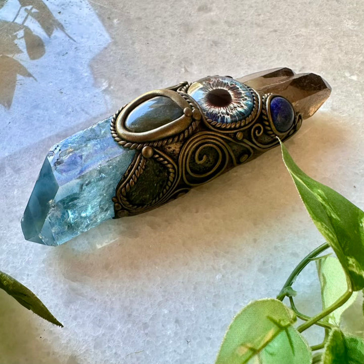 Aqua Aura Quartz Smoky Quartz Lapis Lazuli Labradorite Moldavite Third Eye Healing Crystal Wand - FairyGardenGlow