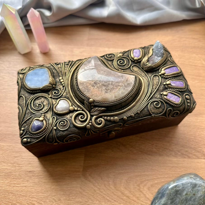Handmade Wooden Box with Crystals – Moonstone Moon, Blue Chalcedony, Rose Quartz, Tanzanite, Charoite & Aqua Aura Spirit Quartz - FairyGardenGlow