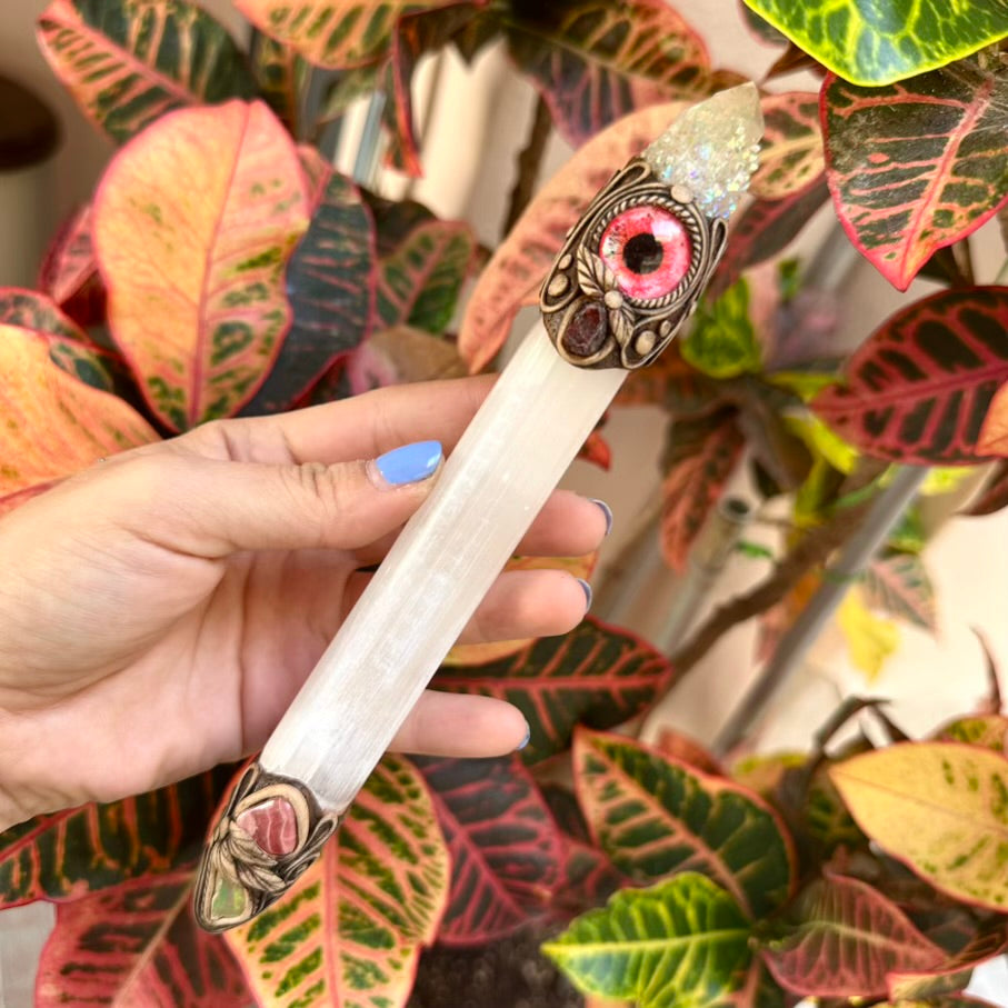 Selenite Crystal Wand, Angel Aura Spirit Quartz Red Garnet Raw Opal and Rhodochrosite Handmade Healing Crystal Wand - FairyGardenGlow