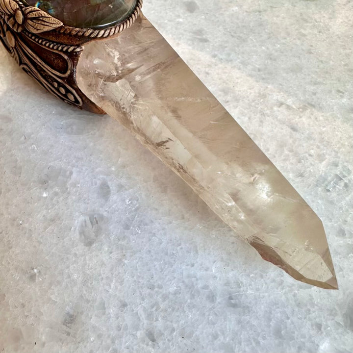 Crystal Wand - Large Lemurian Seed Quartz, Purple Fluorite Flame, Purple Labradorite, Morganite and Amethyst Wand - FairyGardenGlow