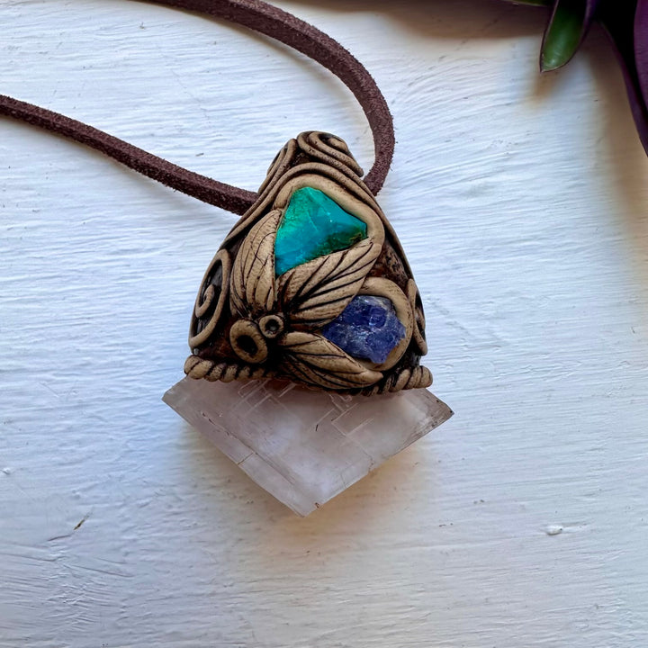 Clear Calcite Chrysocolla and Tanzanite Necklace - FairyGardenGlow