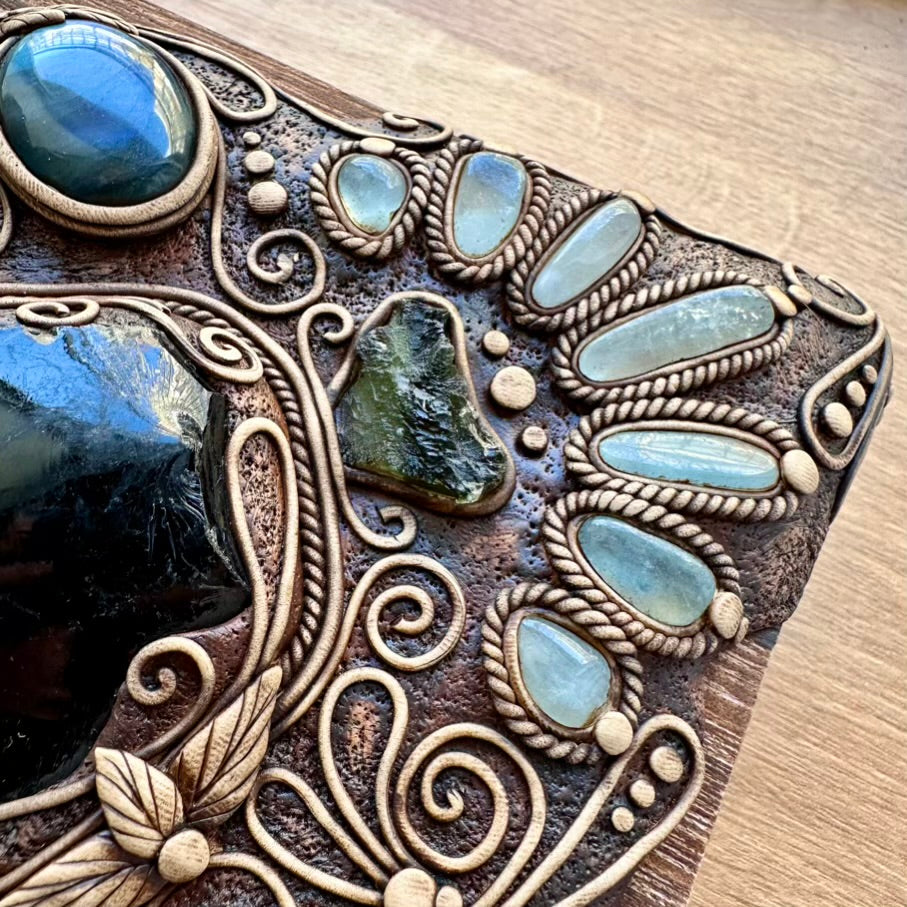 Wooden Box decorated with Crystals, Unique Handmade Tarot Box, Jewelry Box - Home Decor / Ammonite, Black Obsidian, Labradorite, Dioptase, Moldavite and Aquamarine - FairyGardenGlow