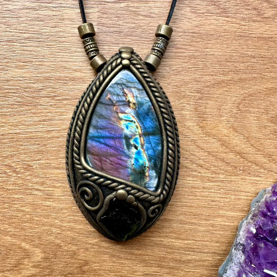 Purple Labradorite and Moldavite Necklace, Handmade Protection Amulet - FairyGardenGlow