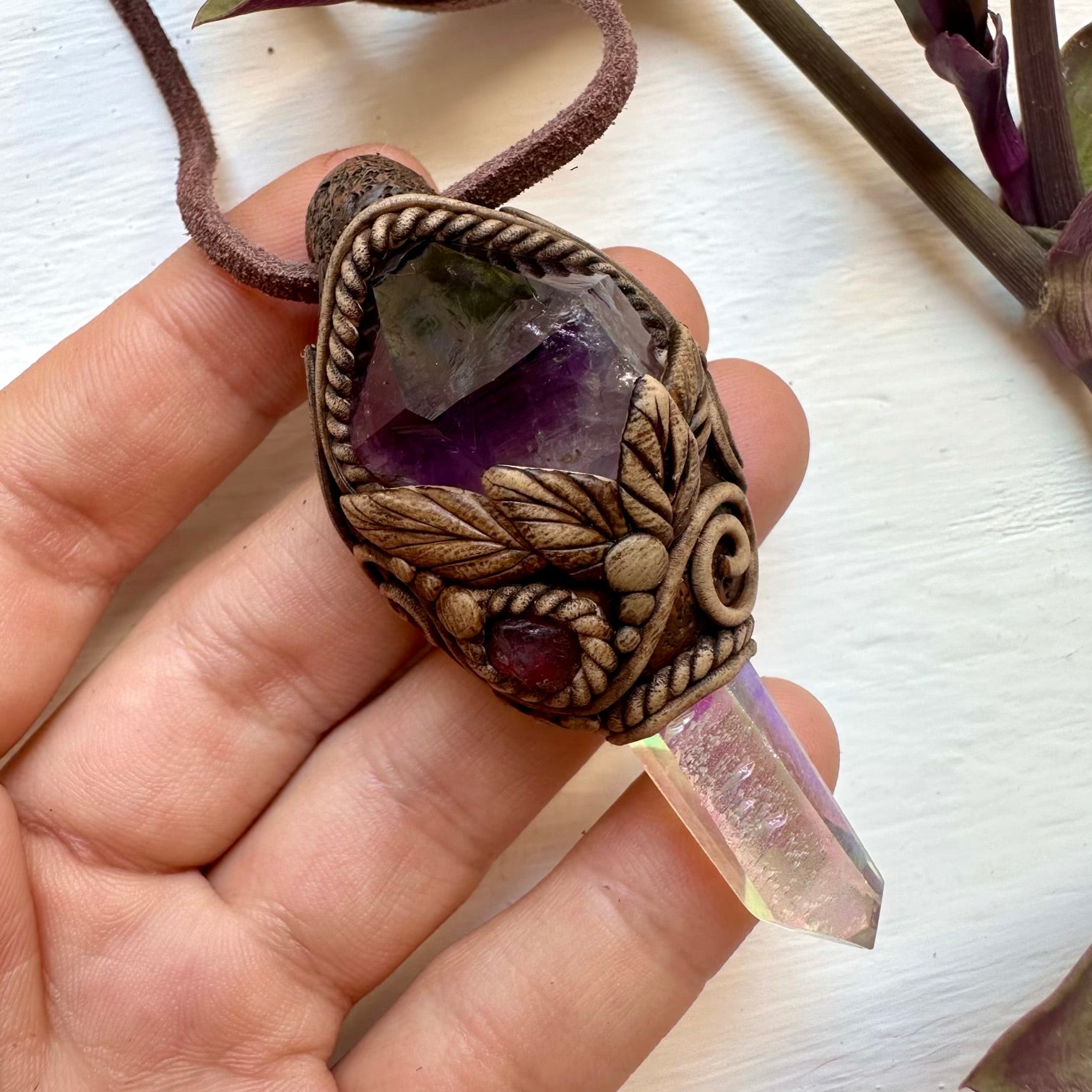 Angel Aura Quartz Amethyst and Spinel Necklace - FairyGardenGlow