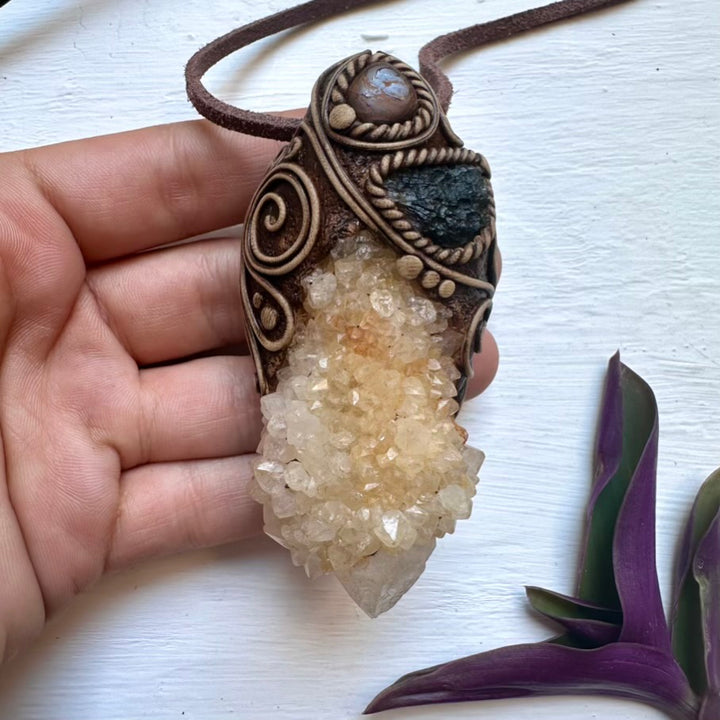 Spirit Quartz Moldavite and Boulder Opal Wand / Pendant - FairyGardenGlow