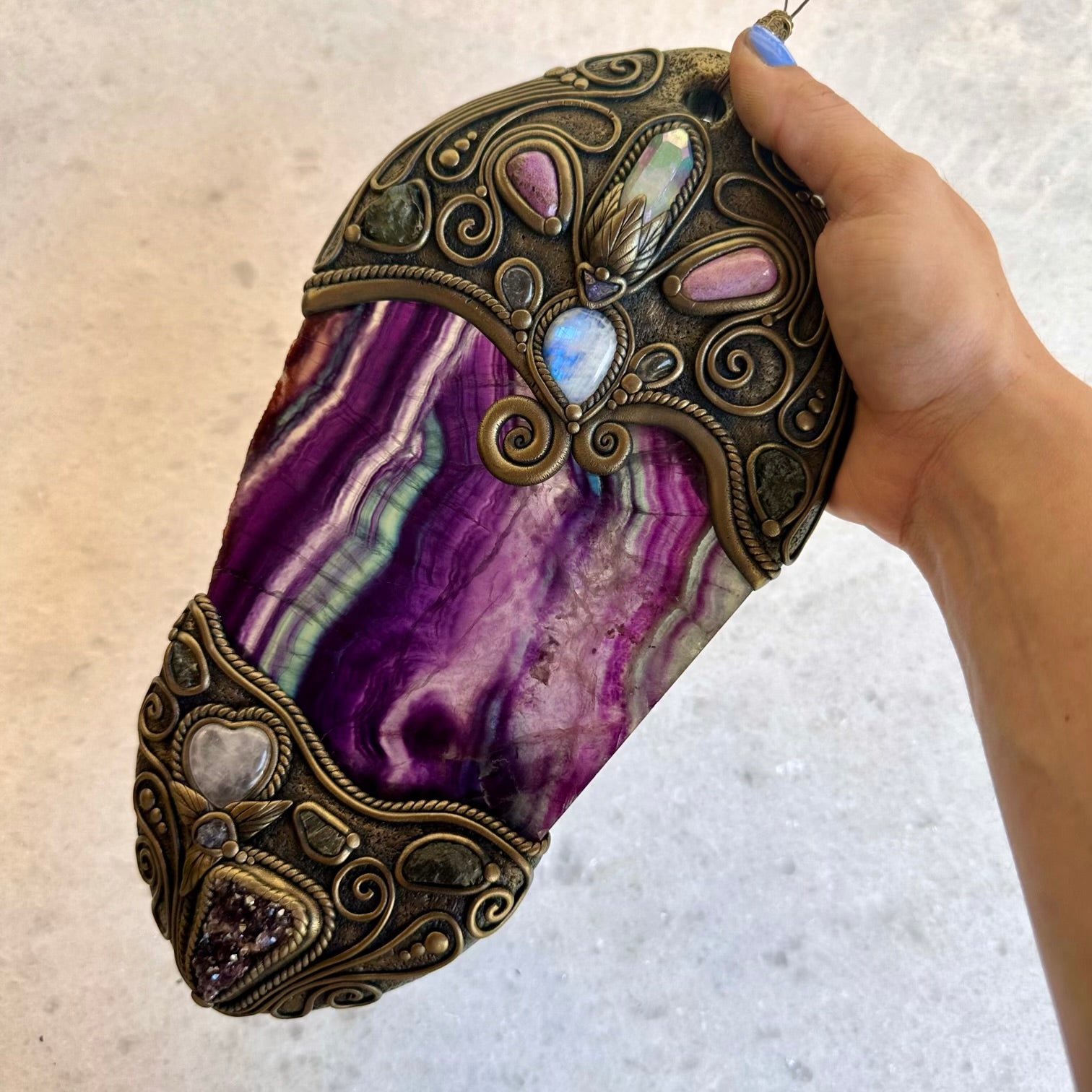 Crystal Wall Hanging, Handmade one of a kind Crystal Wall Decor, Rainbow Fluorite Angel Aura Quartz Stichtite Moonstone Moldavite Amethyst Cluster Rose Quartz Heart and Tanzanite