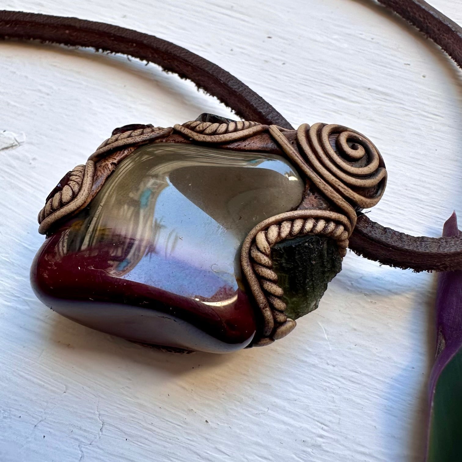 Mookaite Jasper Moldavite and Red Garnet Necklace - FairyGardenGlow