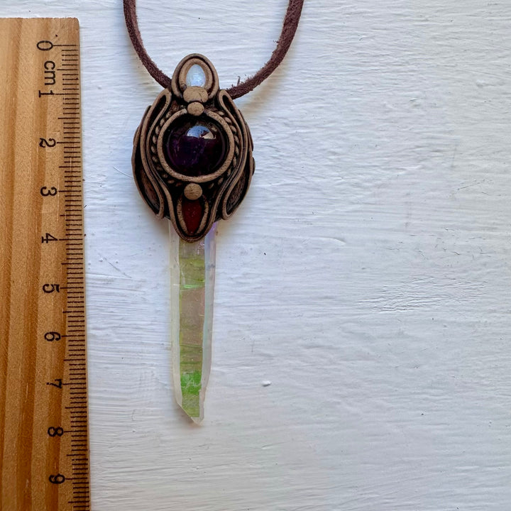 Angel Aura Quartz Amethyst Pink Tourmaline and Australian Opal Necklace - FairyGardenGlow
