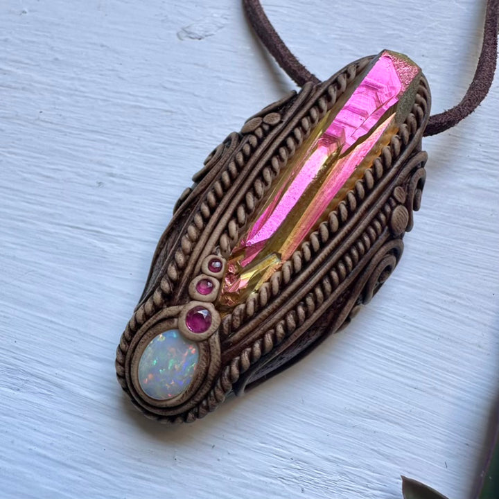 Sunset Aura Quartz Australian Opal and Ruby Necklace - FairyGardenGlow