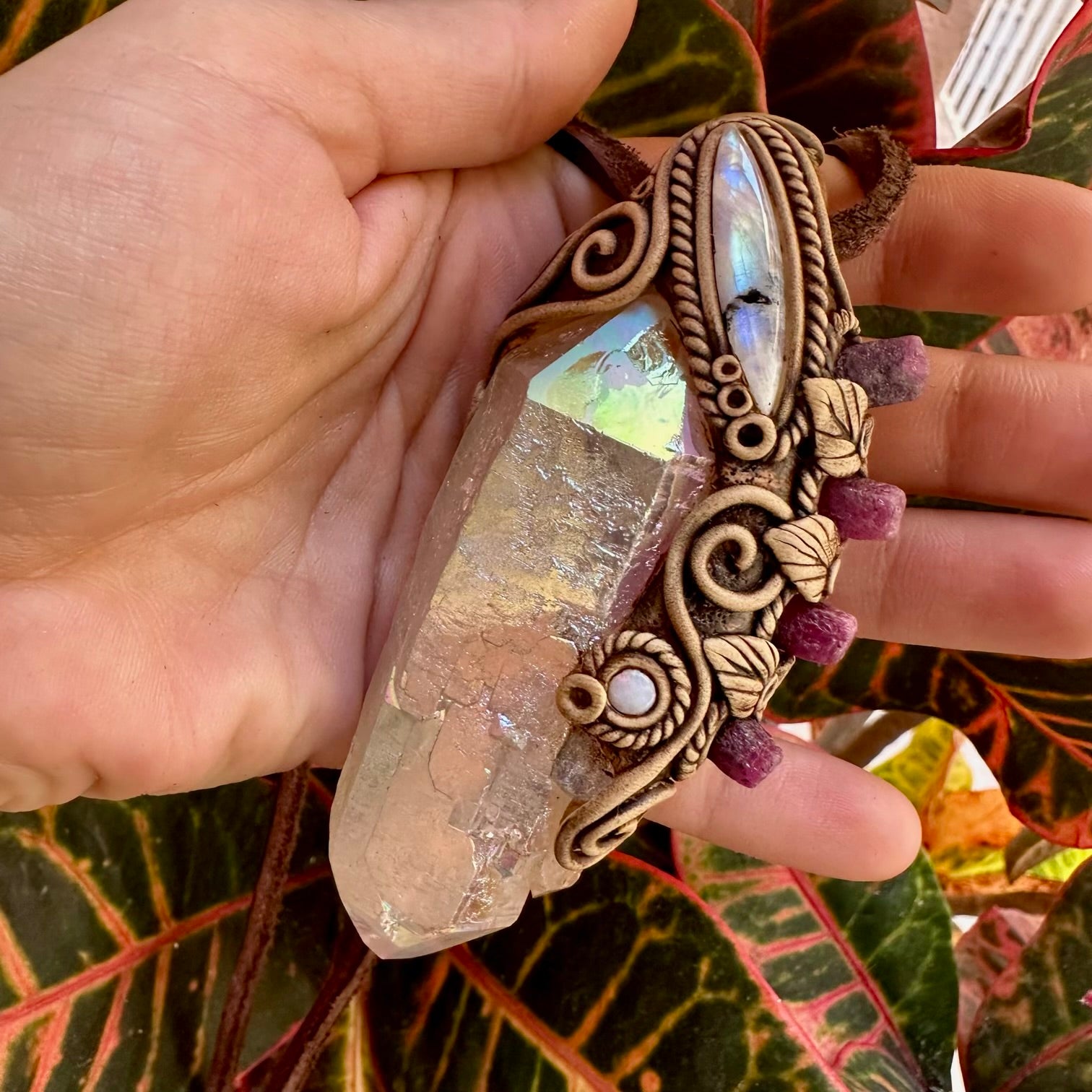 Angel Aura Quartz Ruby Moonstone and Australian Opal Wand / Pendant, Healing Crystal Handmade Wand - FairyGardenGlow