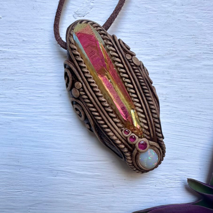 Sunset Aura Quartz Australian Opal and Ruby Necklace - FairyGardenGlow