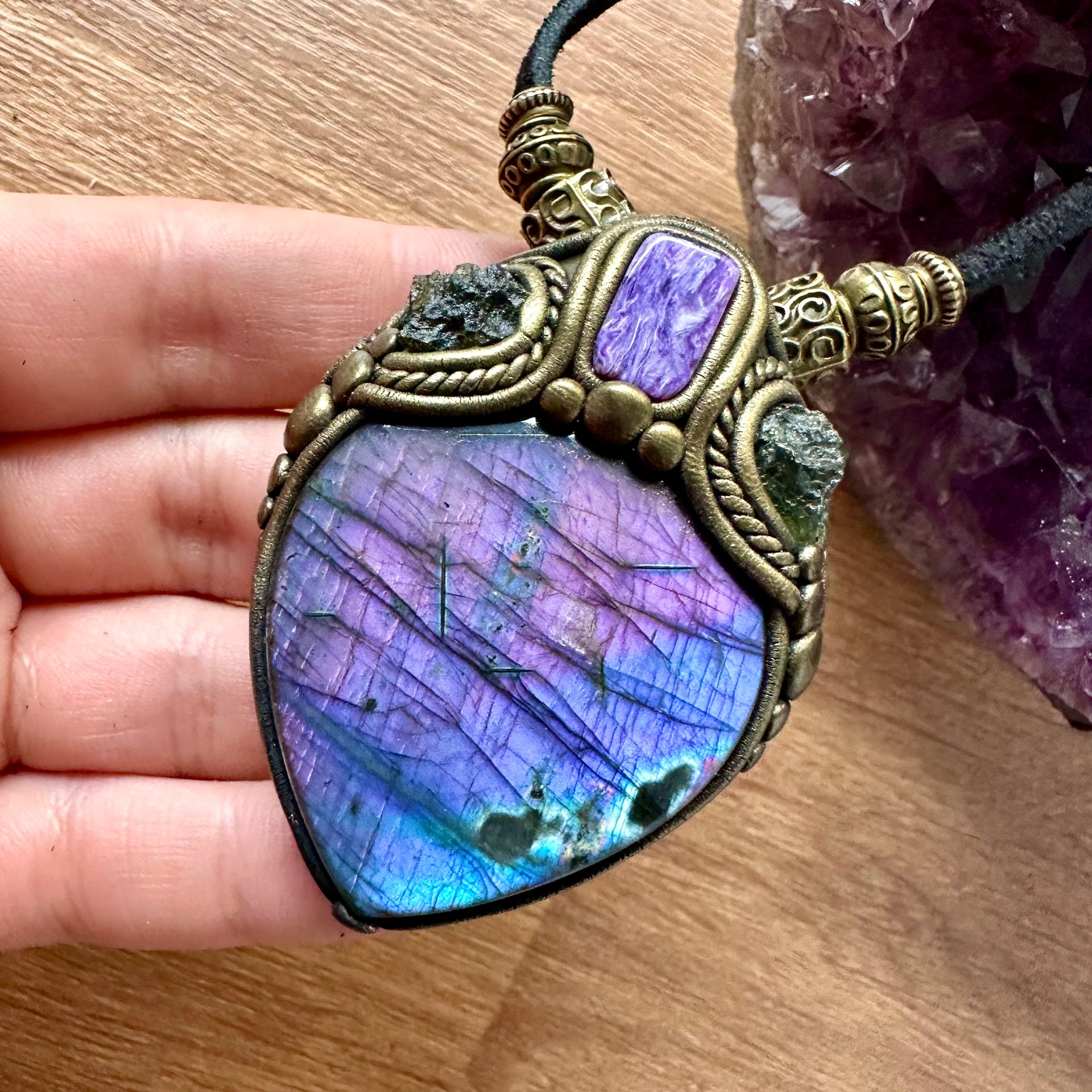Purple Labradorite Moldavite and Charoite Pendant Necklace, Unique Protection Amulet - FairyGardenGlow