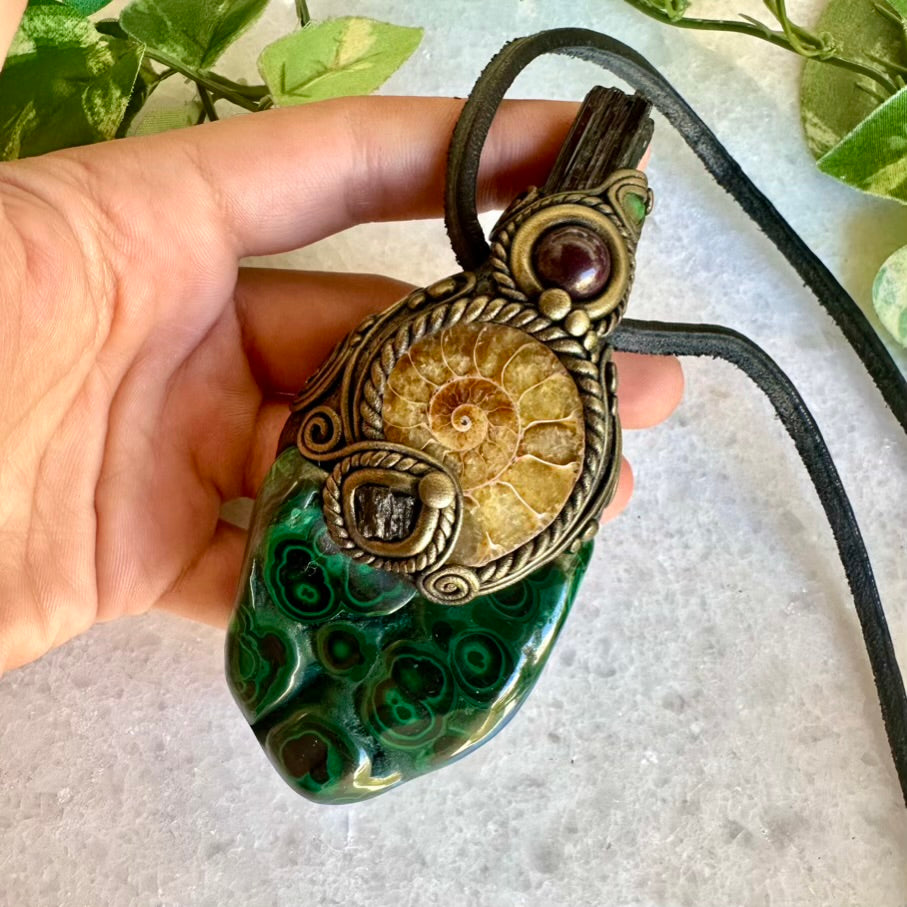 Malachite Ammonite Moldavite Black Tourmaline Ruby and Opal Wand / Healing Crystal Talisman - FairyGardenGlow