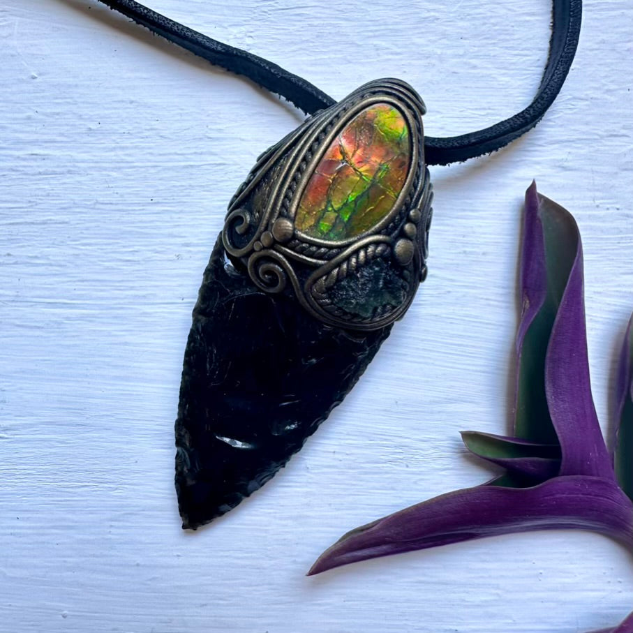 Black Obsidian Arrowhead Ammolite and Moldavite Wand/Necklace - FairyGardenGlow