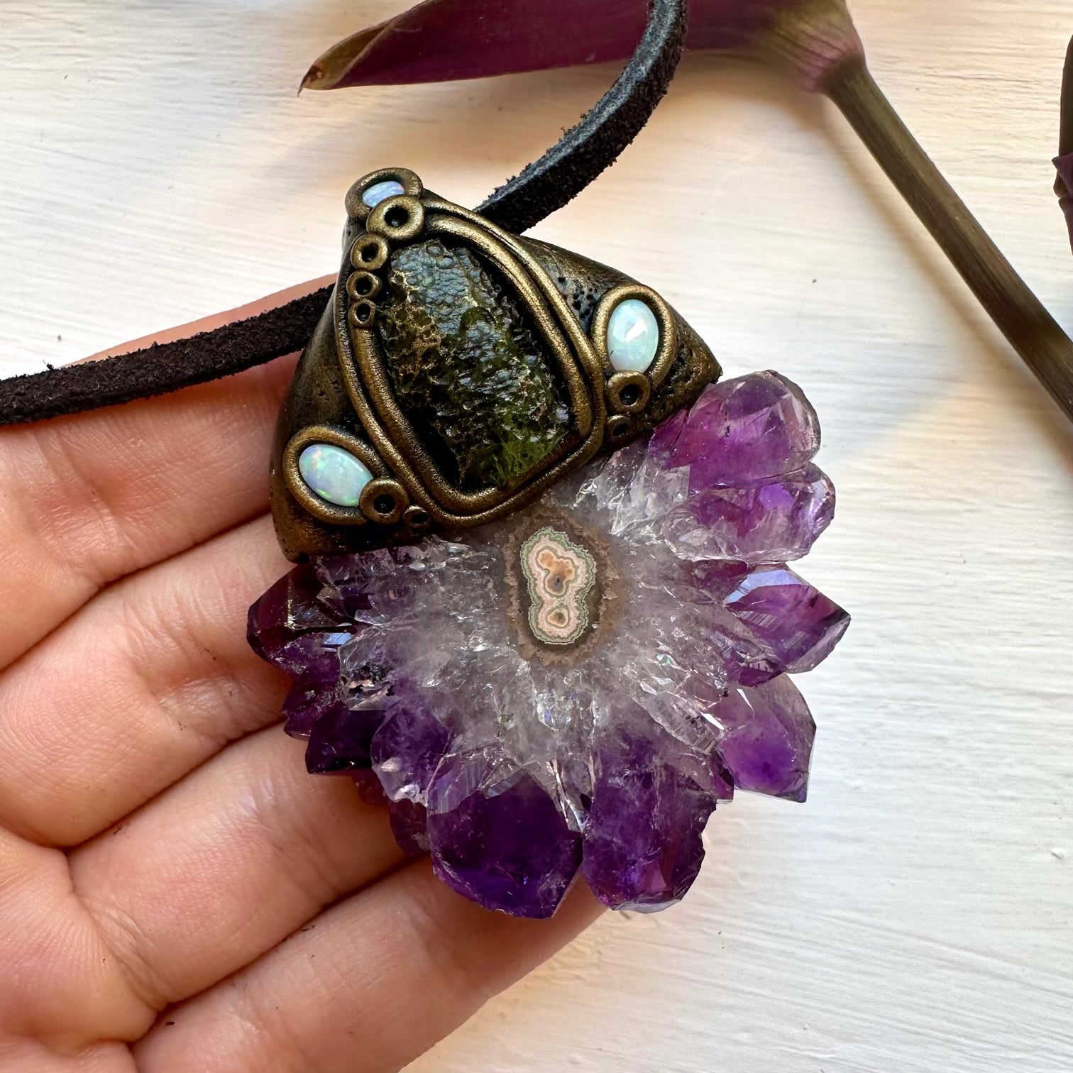 Amethyst Stalactite Moldavite and Australian Opal Necklace - FairyGardenGlow