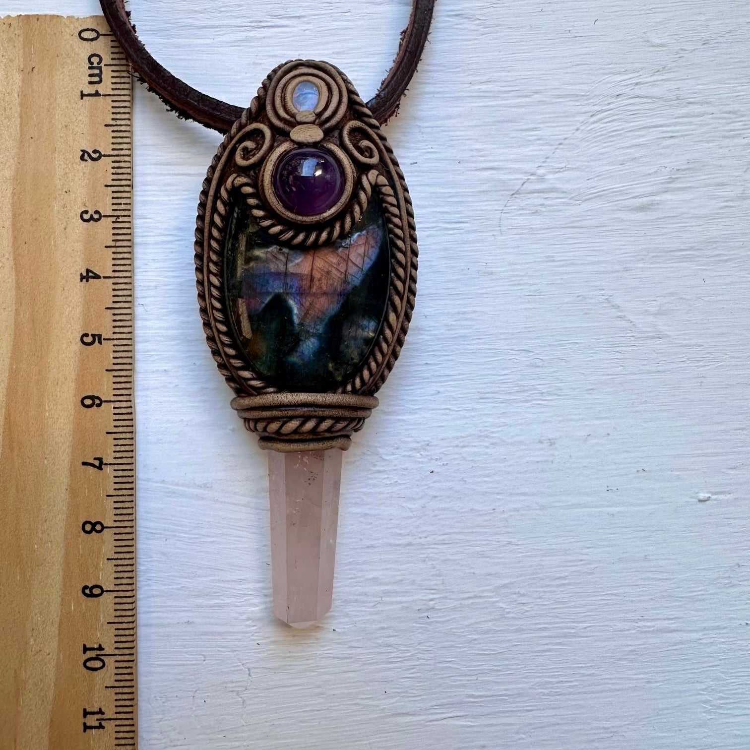 Labradorite Amethyst Rose Quartz and Australian Opal Doublet Wand/Pendant, Handmade Healing Crystal Wand - FairyGardenGlow