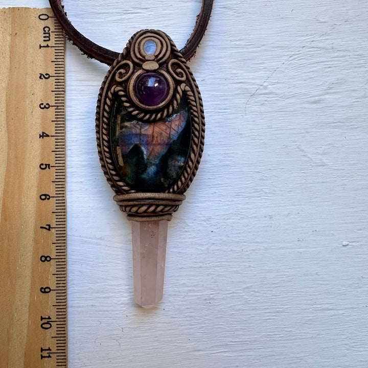 Labradorite Amethyst Rose Quartz and Australian Opal Doublet Wand/Pendant, Handmade Healing Crystal Wand - FairyGardenGlow