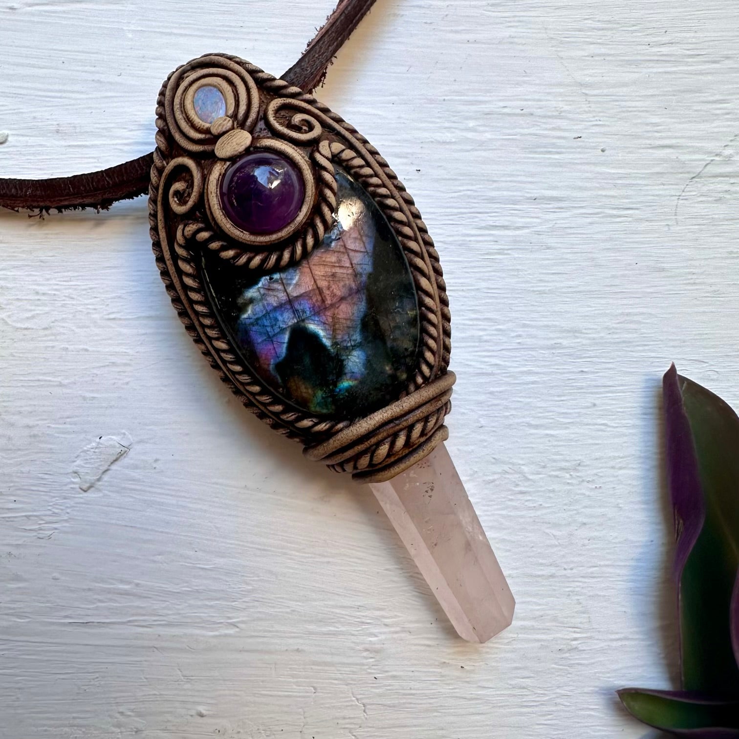 Labradorite Amethyst Rose Quartz and Australian Opal Doublet Wand/Pendant, Handmade Healing Crystal Wand - FairyGardenGlow