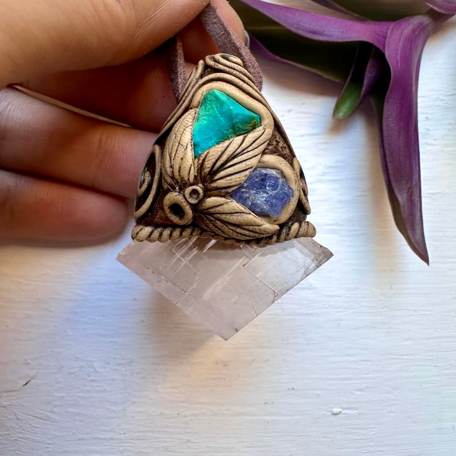 Clear Calcite Chrysocolla and Tanzanite Necklace - FairyGardenGlow