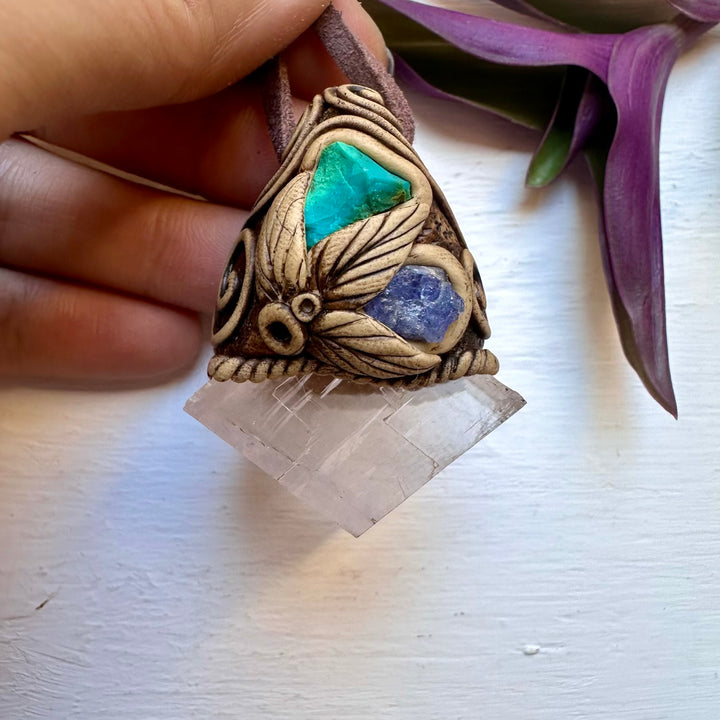 Clear Calcite Chrysocolla and Tanzanite Necklace - FairyGardenGlow