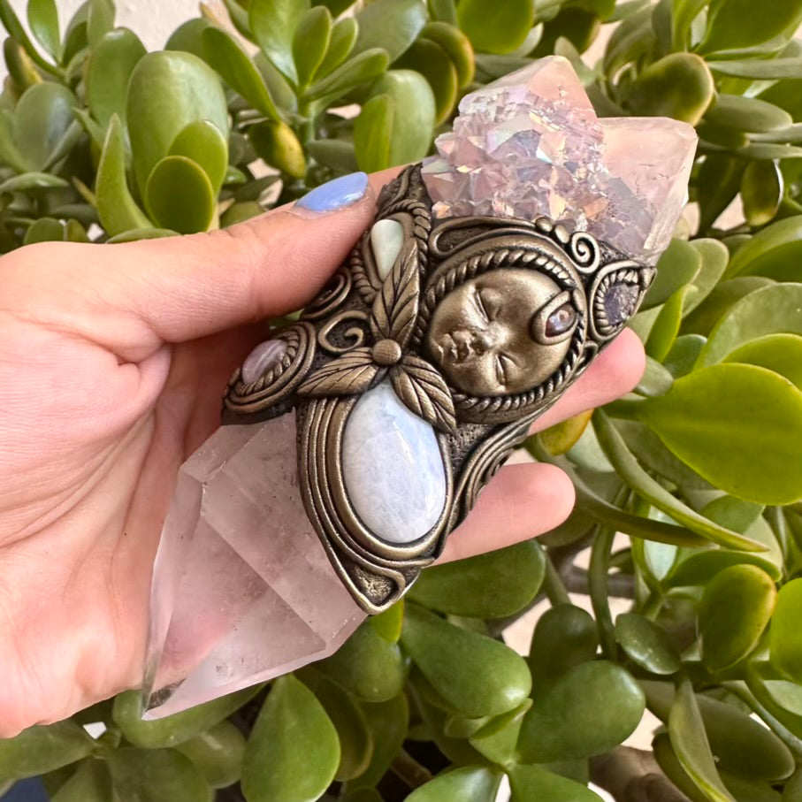 Clear Quartz Angel Aura Spirit Quartz Moonstone Australian Opal Amethyst Tanzanite and Garnet Goddess Necklace - FairyGardenGlow