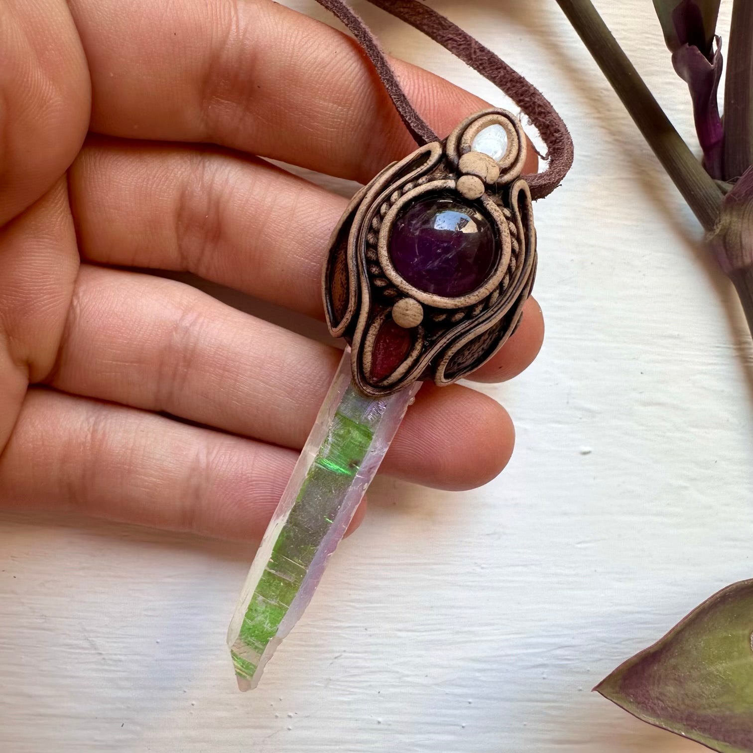 Angel Aura Quartz Amethyst Pink Tourmaline and Australian Opal Necklace - FairyGardenGlow
