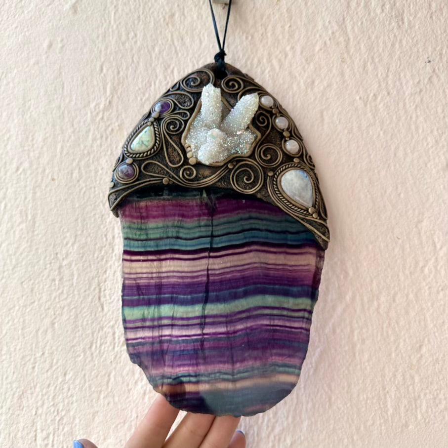 Handmade Wall Hanging, Unique Crystal Home Decor with Rainbow Fluorite Angel, Aura Spirit Quartz, Rainbow Moonstone, Morganite, Australian Opal and Amethyst - FairyGardenGlow