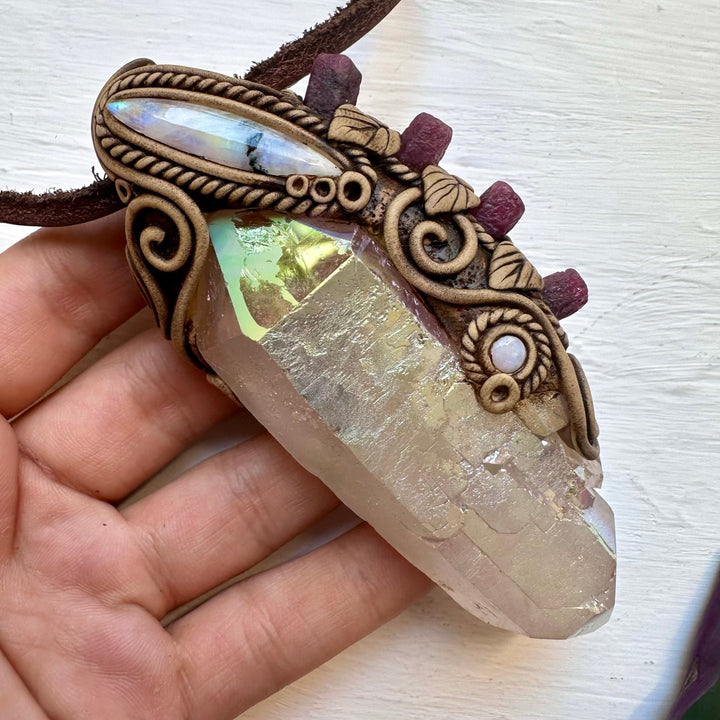 Angel Aura Quartz Ruby Moonstone and Australian Opal Wand / Pendant, Healing Crystal Handmade Wand - FairyGardenGlow