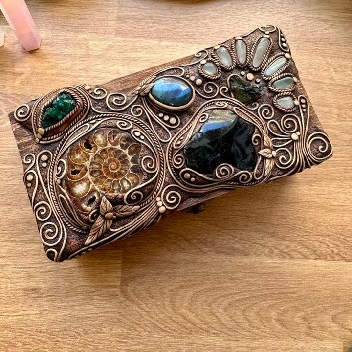 Wooden Box decorated with Crystals, Unique Handmade Tarot Box, Jewelry Box - Home Decor / Ammonite, Black Obsidian, Labradorite, Dioptase, Moldavite and Aquamarine - FairyGardenGlow