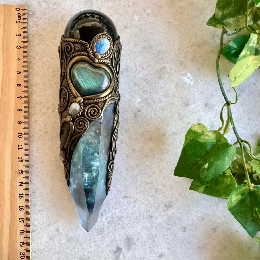 Large Aqua Aura Lemurian Quartz Obsidian Blue Labradorite Heart Australian Crystal Opal Moldavite Aquamarine and Clear Topaz Wand, Healing Crystal Tool - FairyGardenGlow