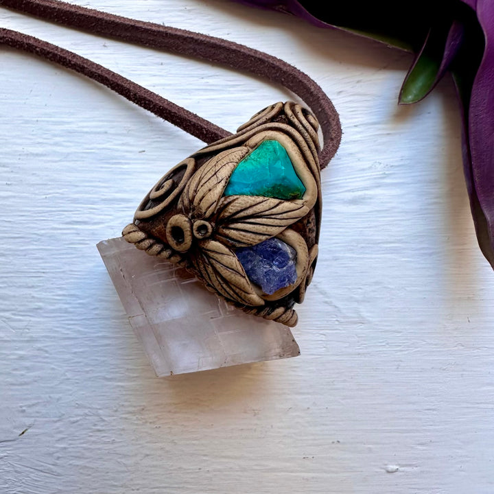 Clear Calcite Chrysocolla and Tanzanite Necklace - FairyGardenGlow