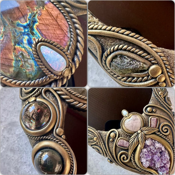 Crystal Wall Hanging - Handmade Unique Crystal Home Decor Art, with Black Obsidian Mirror, Large Purple Labradorite, Rainbow Obsidian, Smoky Quartz, Amethyst Cluster, Rose Quartz Heart, Moldavite, Ruby and Australian Opal - FairyGardenGlow