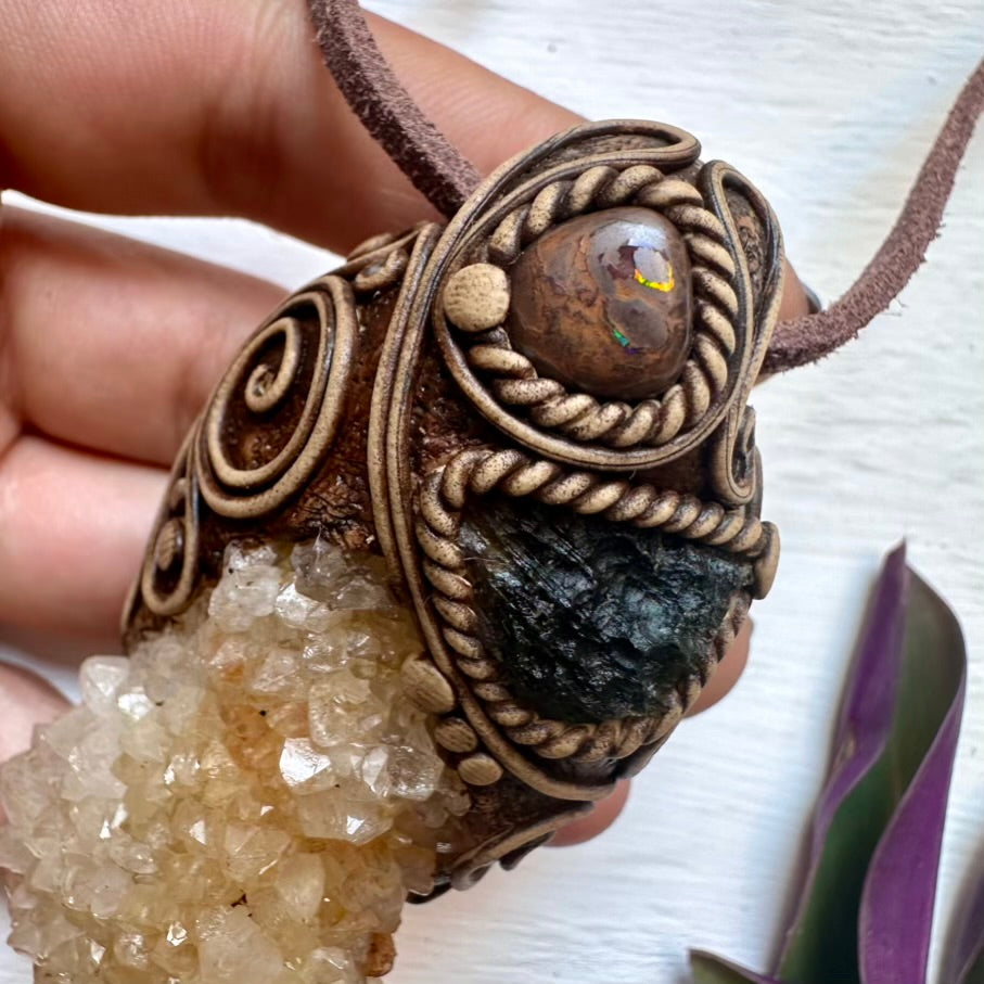 Spirit Quartz Moldavite and Boulder Opal Wand / Pendant - FairyGardenGlow