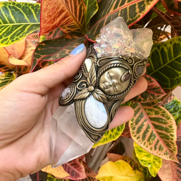 Clear Quartz Angel Aura Spirit Quartz Moonstone Australian Opal Amethyst Tanzanite and Garnet Goddess Necklace - FairyGardenGlow