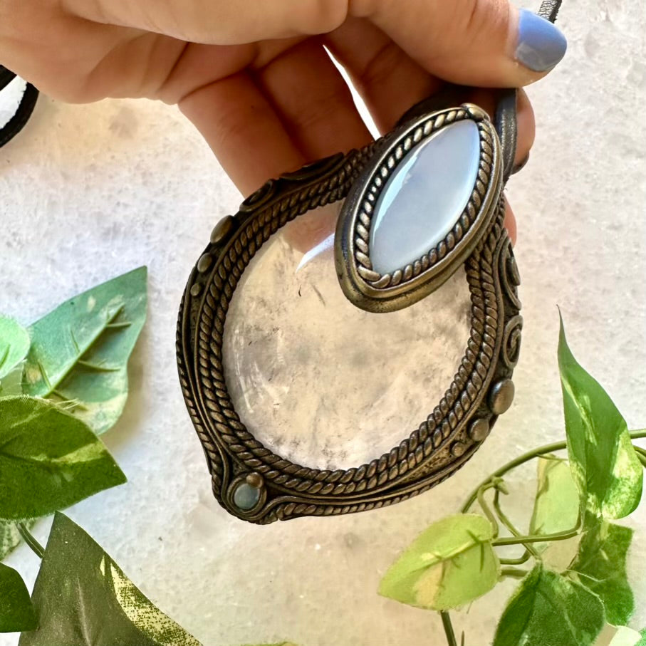 Clear Quartz White Moonstone and Australian Opal Pendant, Healing Crystal Talisman - FairyGardenGlow