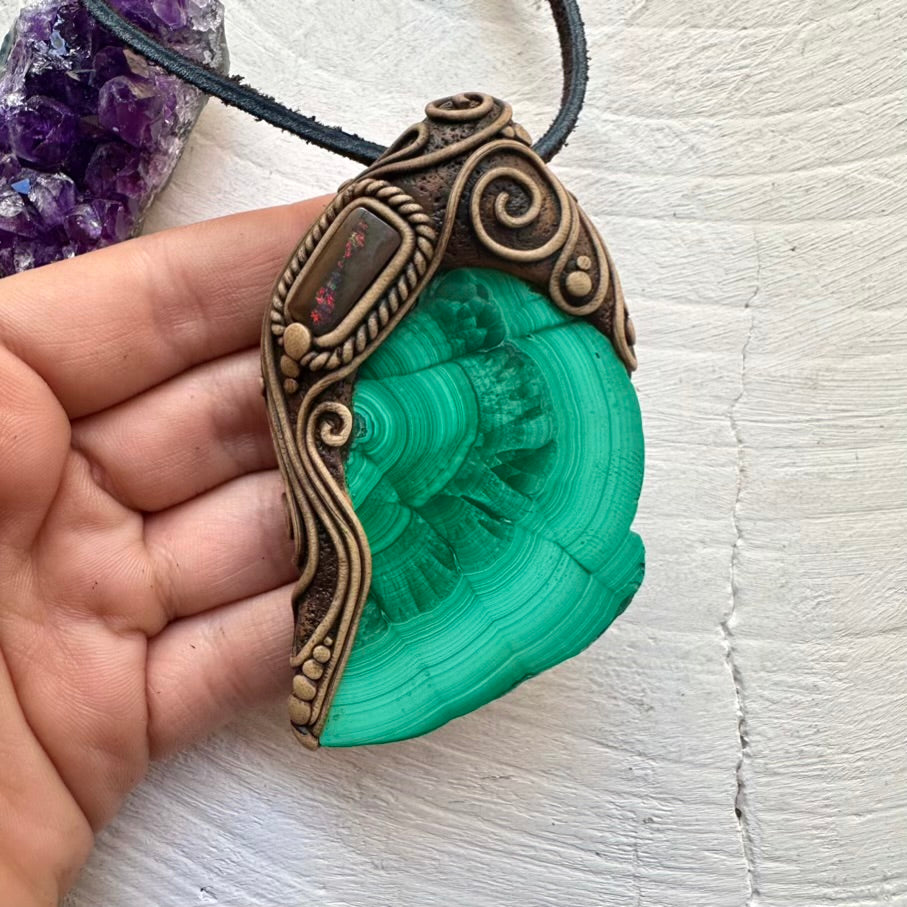 Malachite Slice and Boulder Opal Pendant, Unique Handmade Crystal Jewelry - FairyGardenGlow