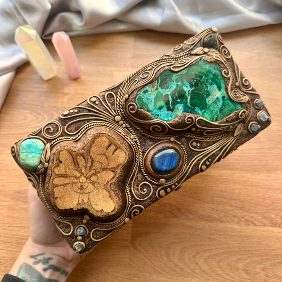 Wooden Box Decorated with Crystals, Handmade Crystal Box, Unique Home Decor with Crysocolla Malachite, Ayahuasca Slice, Labradorite, Atacama Opal, Blue Sapphire and Moldavite - FairyGardenGlow