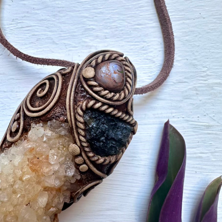 Spirit Quartz Moldavite and Boulder Opal Wand / Pendant - FairyGardenGlow